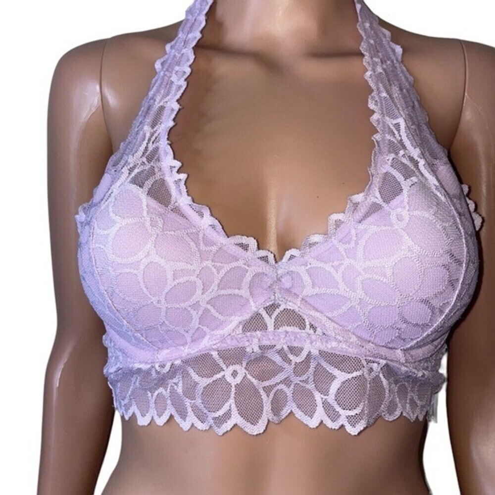 Pink Victoria's Secret Pink Floral Lace Bralette 30 B lace overlay halter